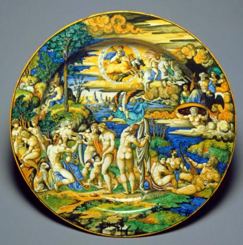 Maiolica dish depicting The Judgement of Paris, Urbino, c. 1544-1550