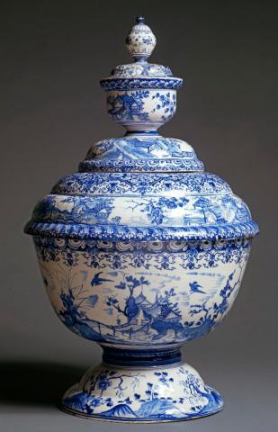 Punch bowl and cover Tin-glazed painted with Chinese landscapes, probably Liverpool, 1724