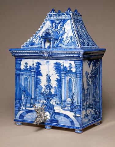 House-shaped cistern painted with views of a courtyard and a garden, The Netherlands, c. 1700